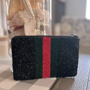 Moyna Beaded Black Clutch/wallet with Red and Green Stripe